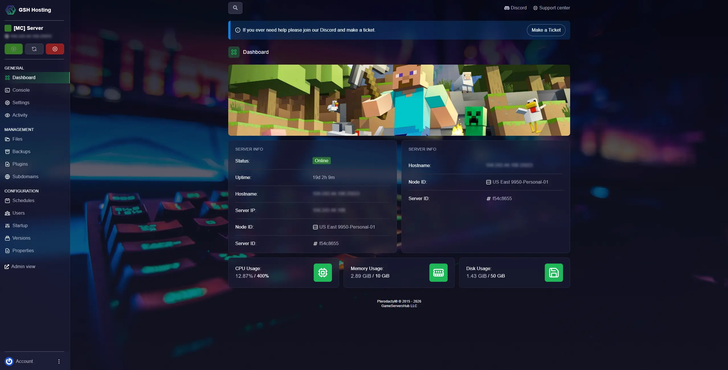 Game panel dashboard overview