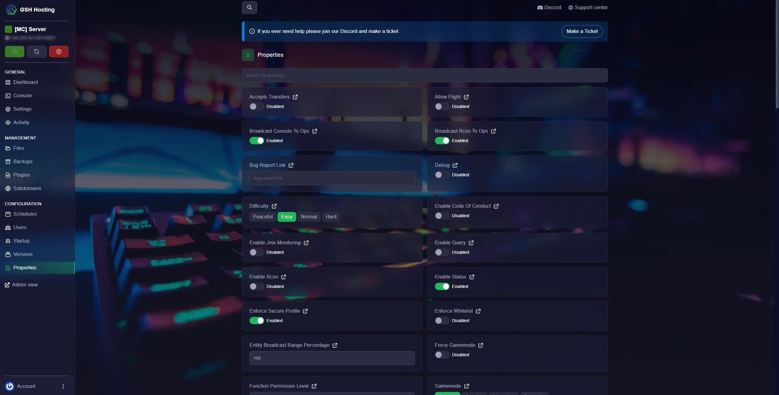 Game panel server properties editor