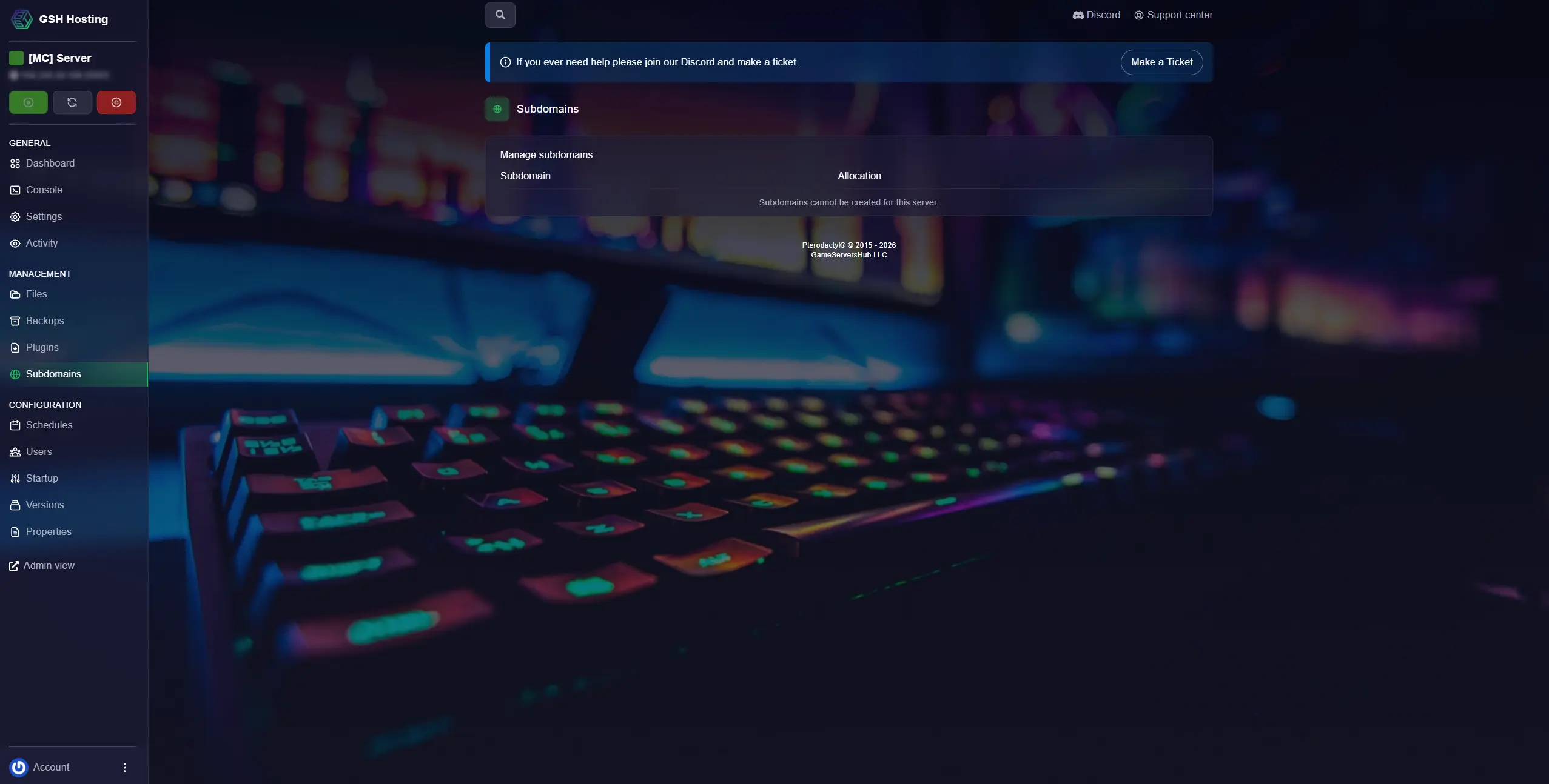 Game panel subdomain manager