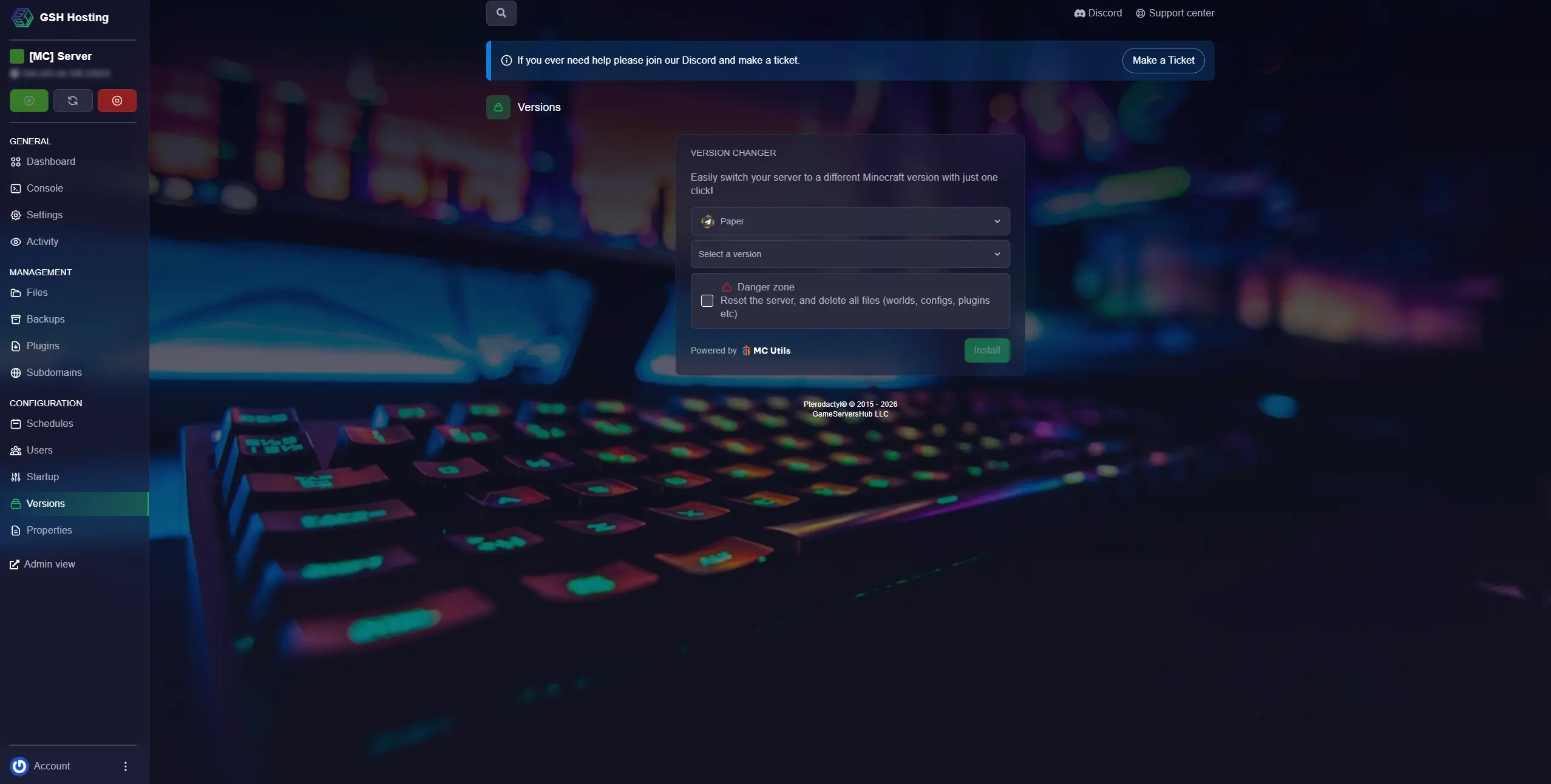 Game panel version manager